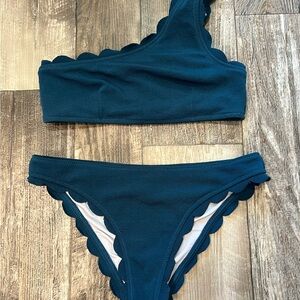 Scalloped One-Shoulder Bikini Set - Teal
